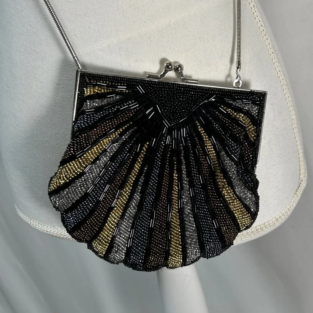 Rebecca Malone Beaded Fan Evening Clutch Purse Silver Chain Flapper Art Deco